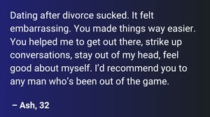 Dating after divorce sucked. It felt embarrassing. You made things way easier. You helped me to get out there, strike up conversations, stay out of my head, feel good about myself. I’d recommend you to any man who’s been out of the game.
